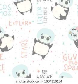 Seamless childish pattern with cute pandas astronauts in helmets and hand drawn lettering. Creative nursery background. Perfect for kids design, fabric, wrapping, wallpaper, textile, apparel