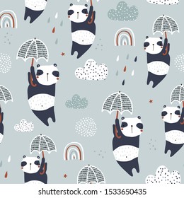 Seamless childish pattern with cute pandas, umbrellas and hand drawn textures. Creative kids hand drawn texture for fabric, wrapping, textile, wallpaper, apparel. Vector illustration