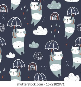 Seamless childish pattern with cute pandas, umbrellas and hand drawn textures. Creative kids hand drawn texture for fabric, wrapping, textile, wallpaper, apparel. Vector illustration