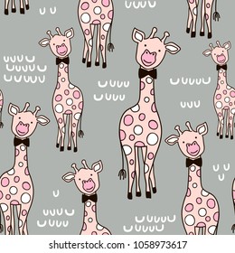Seamless childish pattern with cute pink giraffe and hand drawn shapes. Creative kids texture for fabric, wrapping, textile, wallpaper, apparel. Vector illustration