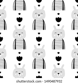Seamless childish pattern with cute rabbit. Design for fabric, wrapping, textile, wallpaper, apparel. Vector illustration.
