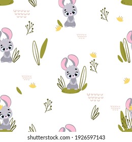 Seamless childish pattern with cute rabbit. Seamless pattern for fabric, paper, wrapping and other