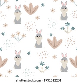 Seamless childish pattern with cute rabbit. Scandinavian style texture for fabric, wrapping, textile, wallpaper, apparel. Vector illustration