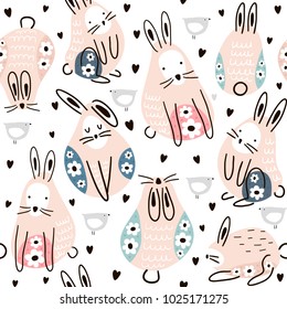 Seamless childish pattern with cute rabbits. Creative kids texture for fabric, wrapping, textile, wallpaper, apparel. Vector illustration
