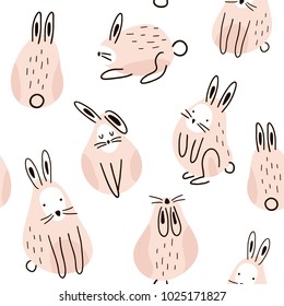 Seamless childish pattern with cute rabbits. Creative kids texture for fabric, wrapping, textile, wallpaper, apparel. Vector illustration