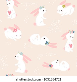 Seamless childish pattern with cute rabbits. Creative spring kids texture for fabric, wrapping, textile, wallpaper, apparel. Vector illustration