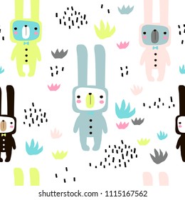 Seamless childish pattern with cute rabbits in rompers. Creative kids texture for fabric, wrapping, textile, wallpaper, apparel. Vector illustration