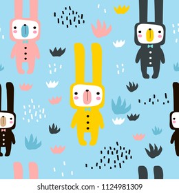 Seamless childish pattern with cute rabbits in rompers. Creative kids texture for fabric, wrapping, textile, wallpaper, apparel. Vector illustration