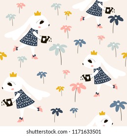 Seamless childish pattern with cute rabbits princess. Creative kids texture for fabric, wrapping, textile, wallpaper, apparel. Vector illustration