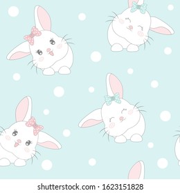 Seamless childish pattern with cute rabbits. Creative spring kids texture for fabric, wrapping, textile, wallpaper, apparel. Vector illustration