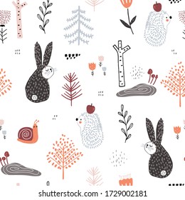 Seamless childish pattern with cute rabbits,hedgehog, snail in the wood. Creative kids forest texture for fabric, wrapping, textile, wallpaper, apparel. Vector illustration