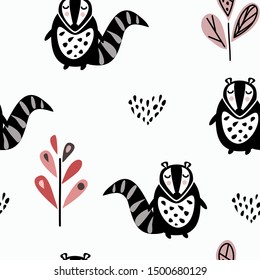 Seamless childish pattern with cute raccoon.Creative kids woodland for fabric, wrapping, textile, wallpaper, apparel. Scandinavian style. Vector illustration