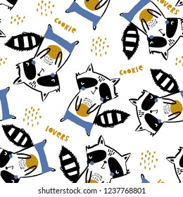 Seamless childish pattern with cute raccoons with cookies. Creative kids monochrome texture for fabric, wrapping, textile, wallpaper, apparel. Vector illustration