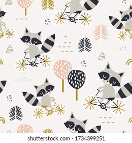 Seamless childish pattern with cute raccoons riding on bike. Forest backround. Perfect for babric printing, apparel, textile. Vector illustration