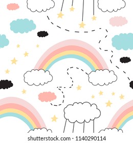 Seamless childish pattern with cute rainbow, stars, clouds. Creative scandinavian kids texture for fabric, wrapping, textile, wallpaper, apparel. Vector illustration