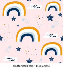 Seamless childish pattern with cute rainbow, stars, clouds.Creative scandinavian kids texture for fabric, wrapping, textile, wallpaper, apparel. Vector illustration