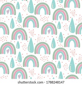 Patrón infantil sin foco con un arco iris lindo, estrellas, nubes sobre un fondo blanco. Textura de niños escandinavos creativos para tela, envoltura, textil, papel pintado, vestimenta. Ilustración vectorial. Eps 10.