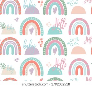 Patrón infantil sin foco con un arco iris lindo, estrellas, nubes sobre un fondo blanco. Textura de niños escandinavos creativos para tela, envoltura, textil, papel pintado, vestimenta. Ilustración vectorial. Eps 10.