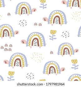 Seamless childish pattern with cute rainbow turtle. Creative hand drawn texture for fabric, wrapping, textile, wallpaper, apparel. Vector illustration