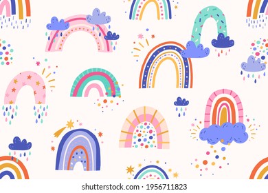 Seamless childish pattern with cute rainbows and rain clouds in doodle style. Endless repeating Scandinavian children background. Colored flat vector illustration of nursery design for printing