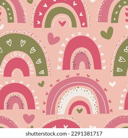 Nahtlose kindliche Muster mit süßen Regenbögen und Regenwolken im Doodle-Stil. Farbige flache Vektorgrafik von Kindergarten-Design für den Druck.