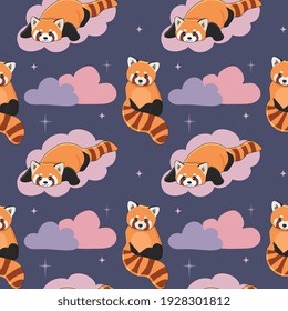 Seamless childish pattern with cute red panda, clouds, stars. Baby texture for fabric, wrapping, textile, wallpaper, clothing. Vector illustration