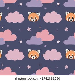 Seamless childish pattern with cute red panda, clouds, stars. Baby texture for fabric, wrapping, textile, wallpaper, clothing. Vector illustration