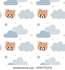 Patrón infantil sin foco con panda rojo lindo, nubes, estrellas. Textura para bebés para tela, envoltura, textil, papel pintado, ropa. Ilustración del vector