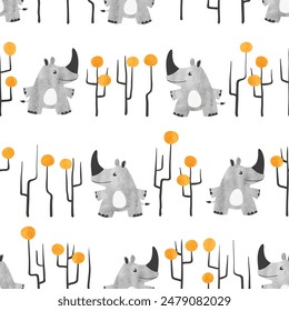 Seamless childish pattern with cute rhino and abstract trees. Vector watercolor illustration
