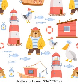 Seamless childish pattern with cute sailor bear, seagull and lighthouse. Funny vector characters on white background