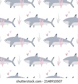 Seamless childish pattern with cute shark for nursery, baby shower, textile.