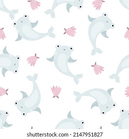 Seamless childish pattern with cute sharks for nursery, baby shower, textile