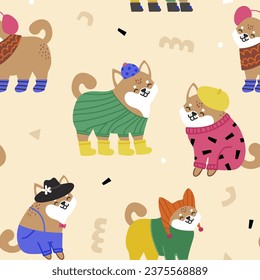 Seamless childish pattern with cute Shiba inu dogs. Creative cartoon animals kids hand drawn texture for fabric, wrapping, textile, wallpaper, apparel. Vector illustration