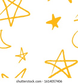Seamless childish pattern with cute simple yellow stars and moon. Modern hand drawn design for fabric, wallpaper, covers, textile for kids. Vector illustration