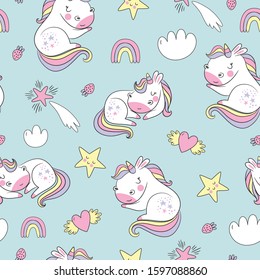 Seamless childish pattern with cute sleeping baby unicorn. Creative kids hand drawn texture for fabric, wrapping, textile, wallpaper, apparel. Vector illu