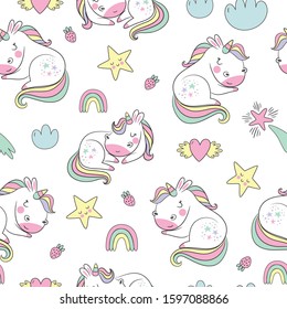 Nahtloses kindisches Muster mit süßem schlafendem Babyeinhorn. Kreative Kinder handgezeichnete Textur für Stoff, Verpackung, Textil, Tapete, Bekleidung. Vektorgrafik
