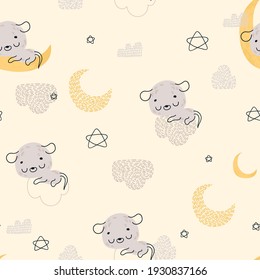 Seamless childish pattern with cute sleeping mouse. Seamless pattern for fabric, paper, wrapping and other
