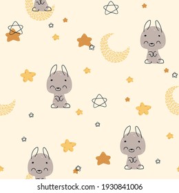 Seamless childish pattern with cute sleeping bunny. Seamless pattern for fabric, paper, wrapping and other