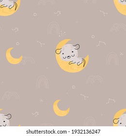 Seamless childish pattern with cute sleeping mouse. Seamless pattern for fabric, paper, wrapping and other