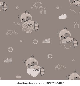 Seamless childish pattern with cute sleeping raccoon. Seamless pattern for fabric, paper, wrapping and other