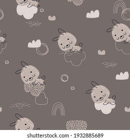 Seamless childish pattern with cute sleeping bunny. Seamless pattern for fabric, paper, wrapping and other