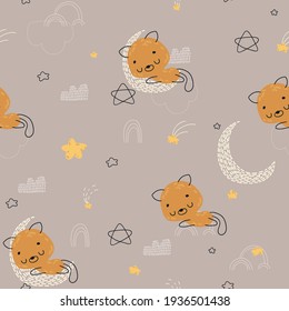 Patrón infantil sin foco con un lindo gato dormido. Patrón sin soldadura para tela, papel, envoltura y otros