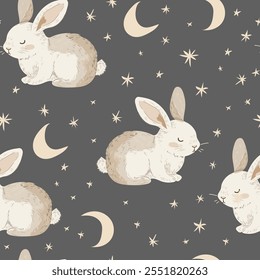 Padrão infantil perfeito com bonito coelho adormecido personagem, planetas, lua, estrelas. Ilustração vetorial