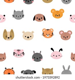 Seamless childish pattern with cute smiley animal faces. Creative baby texture for fabric, nursery, textile, clothes. Flat design. Vector illustration