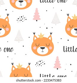 seamless childish pattern with cute squirrel in crown, creative kids forest texture for fabric, wrapping, textile, wallpaper, apparel, vector illustration in flat style