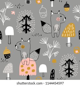 Seamless childish pattern with cute squirrels in the wood. Creative kids city texture for fabric, wrapping, textile, wallpaper, apparel. Vector illustration