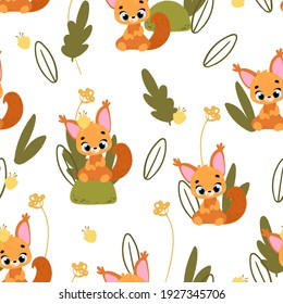 Seamless childish pattern with cute squirrels. Seamless pattern for fabric, paper, wrapping and other