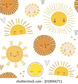 Seamless childish pattern with cute sun characters and hearts. Summer creative texture, Vector illustration