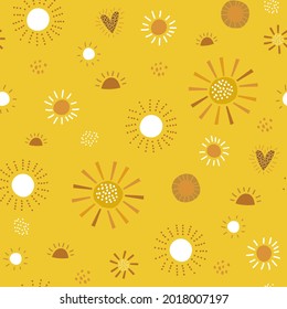 Seamless childish pattern with cute sun icons. Summer creative texture, Vector illustration