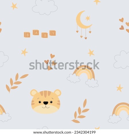 Seamless childish pattern with cute tiger, rainbow, clouds, stars, hearts, leaves, moon and play cubes Baby. Creative kids texture for fabric, wrapping, textile, wallpaper, apparel. 